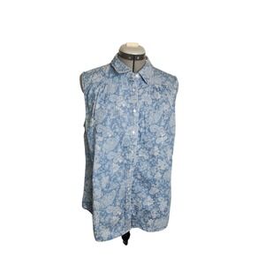 Bit & Bridle Womens Sleeveless Paisley Cotton Chambray Shirt Blue Large